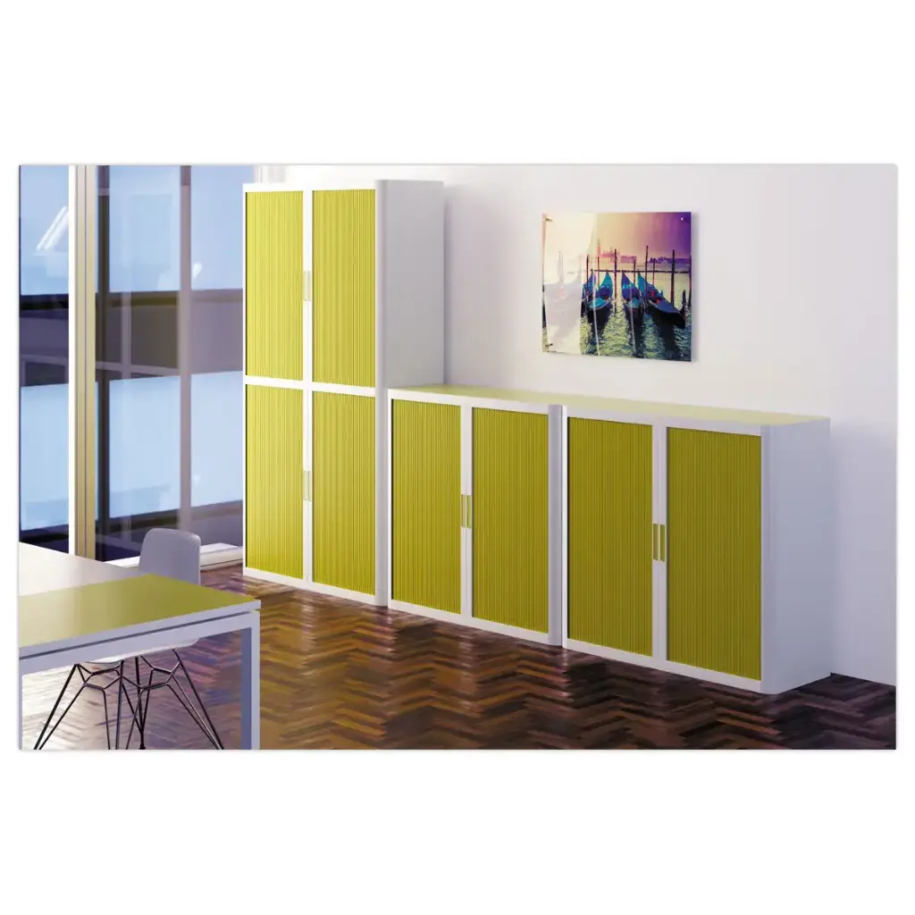 Armoire basse à rideaux Easyoffice - Blanc et vert anis - Paperflow Sophia Mayotte 2.webp