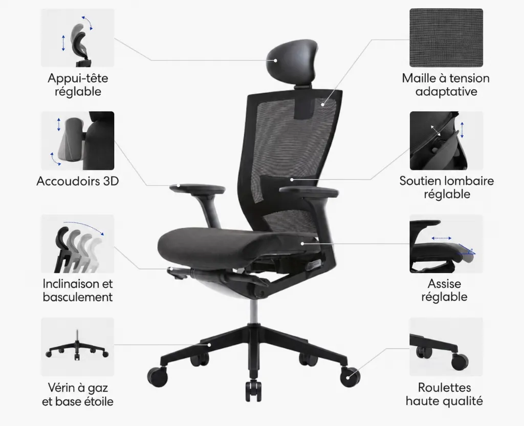 Fauteuil de bureau ergonomique MTGA5X avec têtière et accoudoirs 4D Noir sophia mayotte 022.webp