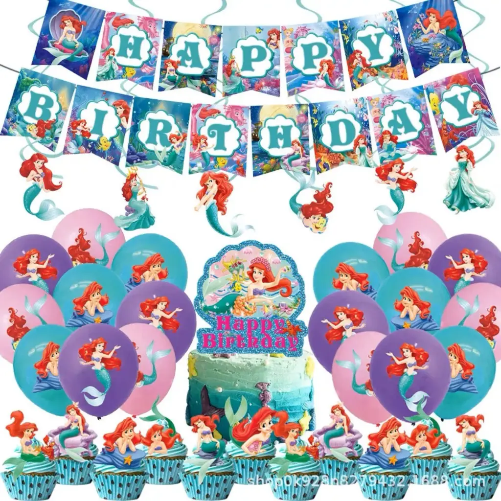 Kit de fête sirène Ariel : banderoles, ballons, décorations tourbillonnantes, décorations pour anniversaire de fille