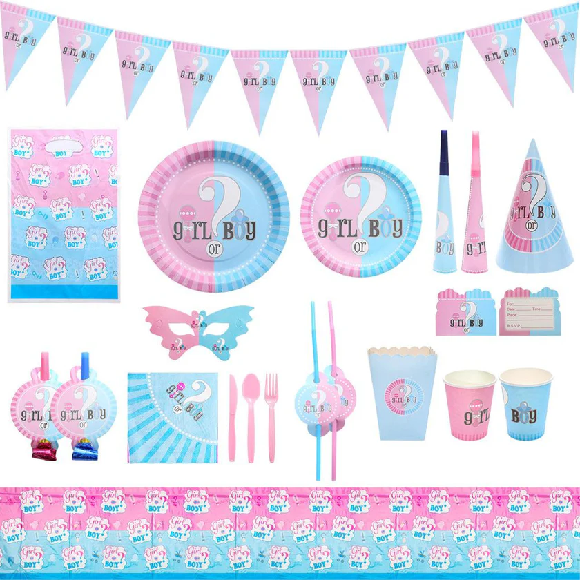 Kit Vaisselle Révélation Genre Garçon Fille Assiettes Nappe Décorations 16pièces
