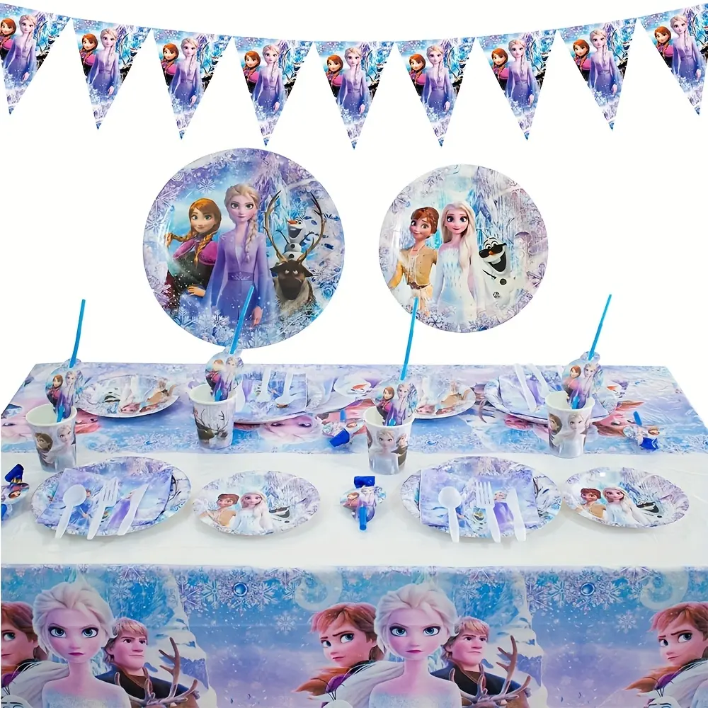 Kit Décorations Anniversaire Reine des Neiges Assiettes Gobelets Serviettes Nappe 16 Pièces