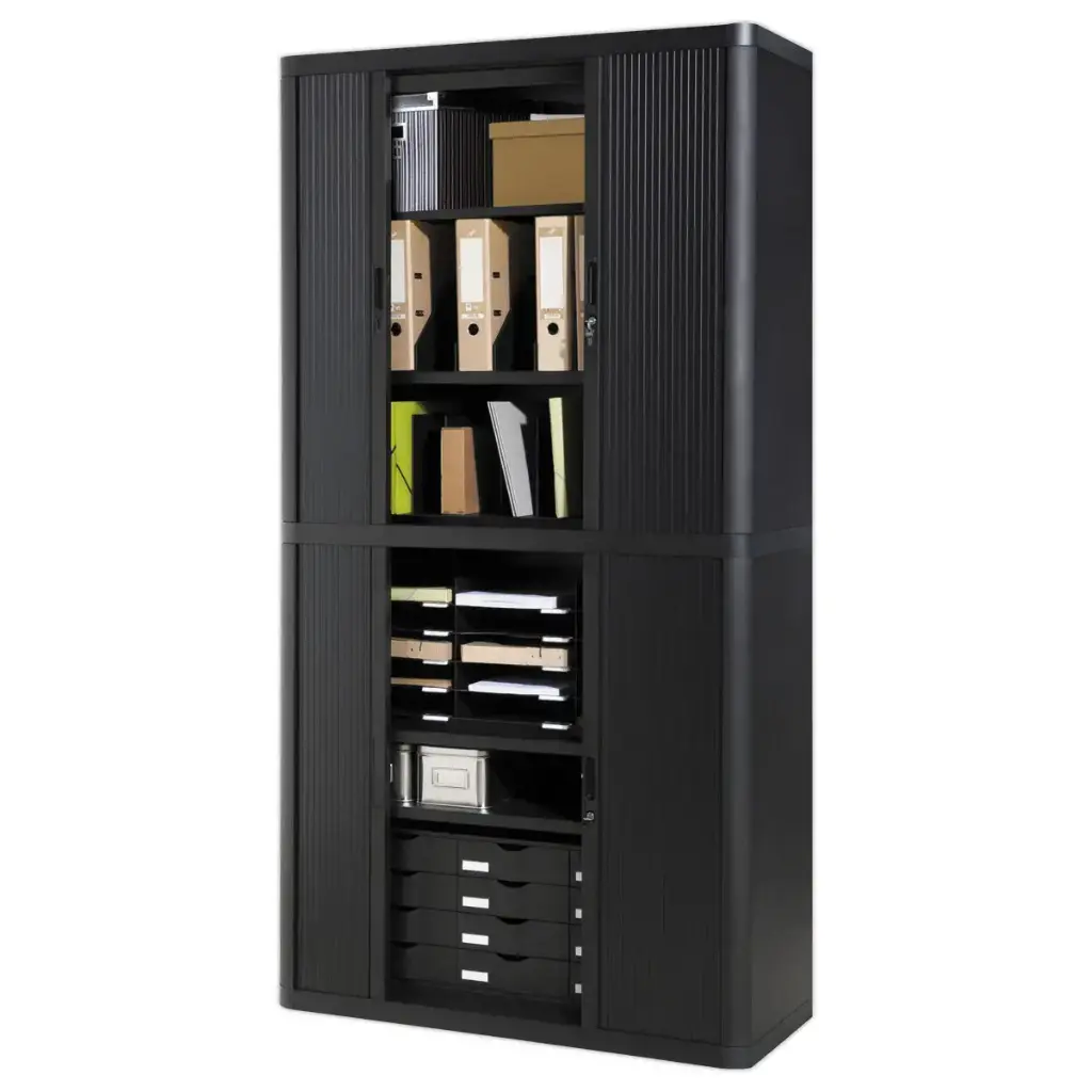 [SPH-AHRE203789] Armoire haute à rideaux EasyOffice – 110 × 41,5 × 204 cm (Corps Noir et rideau Noir)