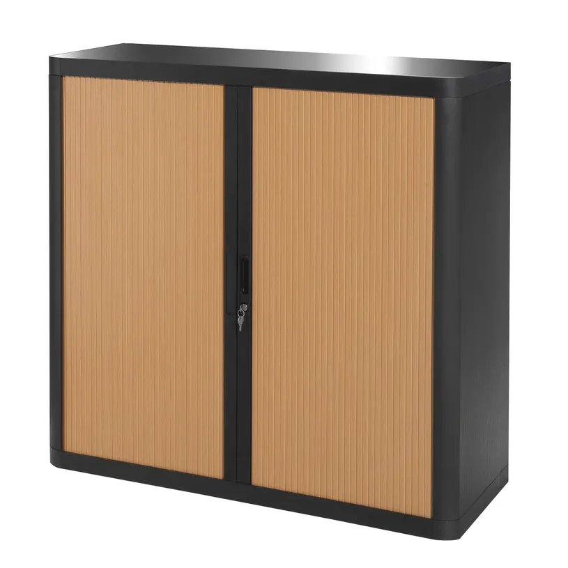 [SPH-ABRM036643] Armoire basse à rideaux métallique (Corps Anthracite et rideau Hêtre, 120 × 43 × 105 cm)