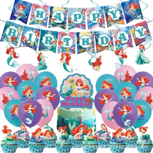 [SPH-ARIEL18] Kit de fête sirène Ariel : banderoles, ballons, décorations tourbillonnantes, décorations pour anniversaire de fille