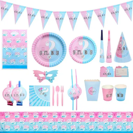 [SPH-SET009] Kit Vaisselle Révélation Genre Garçon Fille Assiettes Nappe Décorations 16pièces